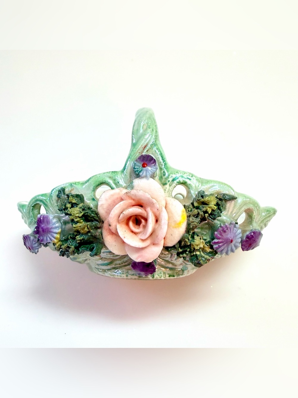 Miniature German Porcelain Elfinware Basket 3 1/2" Green Lustre Floral